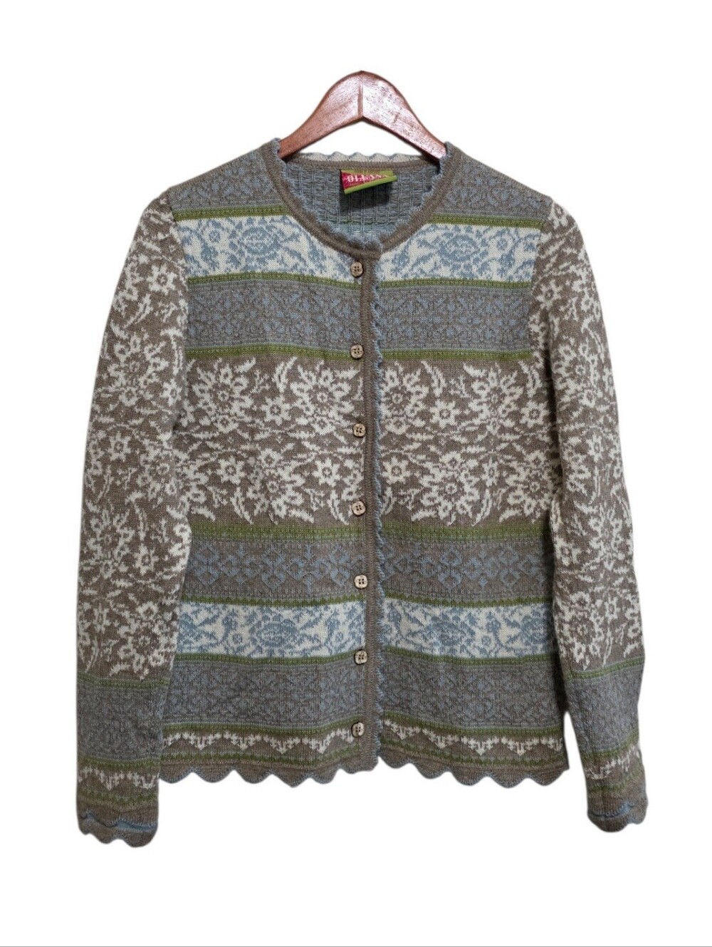 Oleana Alpaca Scallop Trim Cardigan in Floral Knit Size Medium